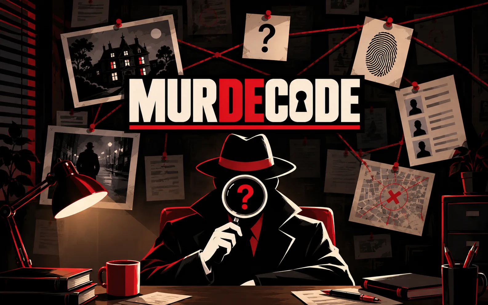 A detective in a fedora peers through a magnifying glass at a desk, in front of an evidence board strung with red thread.